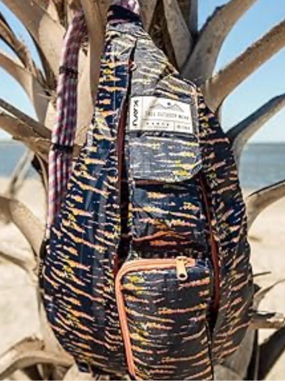 Kavu Navy Patterned Rope Sling Bag with Coral Zippers